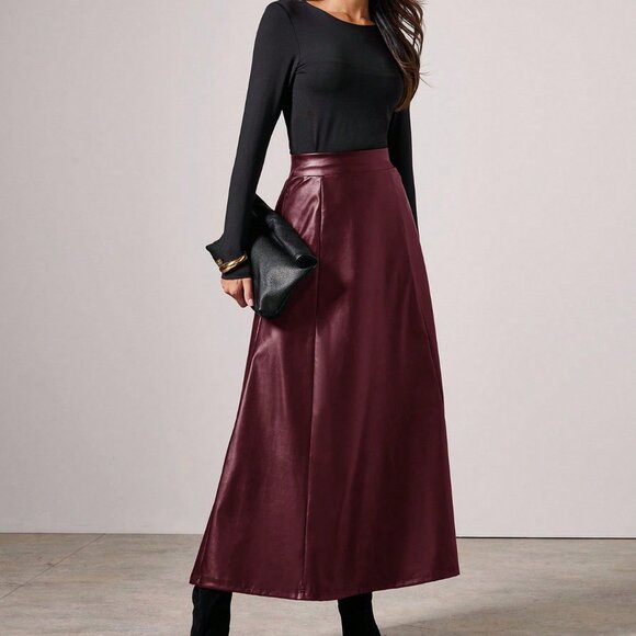 Burgundy Elegant minimalist Women's faux leather maxi Skirt - Picture 3 of 7
